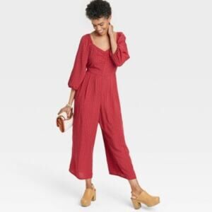 Knox Rose Women's Boho Ankle Jumpsuit Puff 3/4 Sleeves Red Small NWT